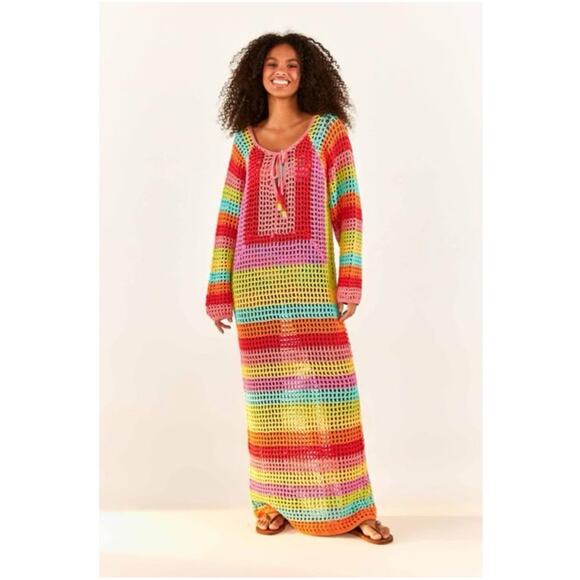 NWOT FARM RIO Striped Multicolor Crochet Dress beaded tassels Cover Up Large - Picture 1 of 16